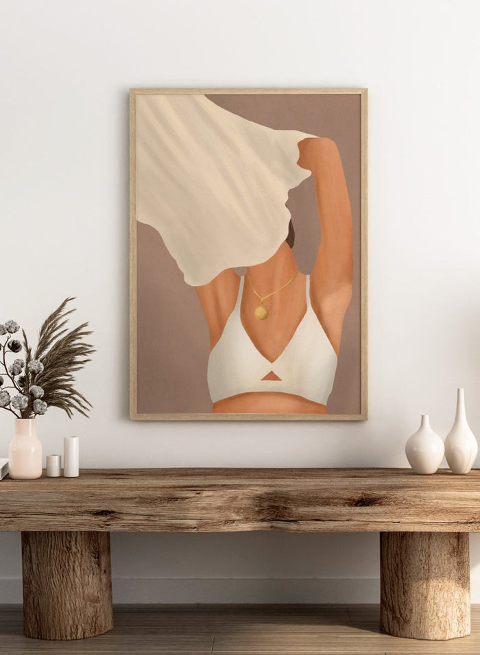 Illustration of a person wearing a white garment and gold necklace on a beige background. Feminine Beauty by City Art is a minimalist figurative art print featuring a woman with flowing fabric, warm neutral tones, and modern feminine style.