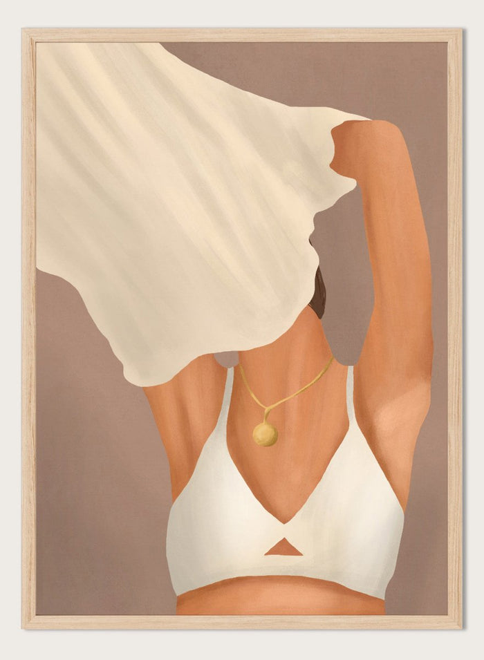 Illustration of a person wearing a white garment and gold necklace on a beige background. Feminine Beauty by City Art is a minimalist figurative art print featuring a woman with flowing fabric, warm neutral tones, and modern feminine style.