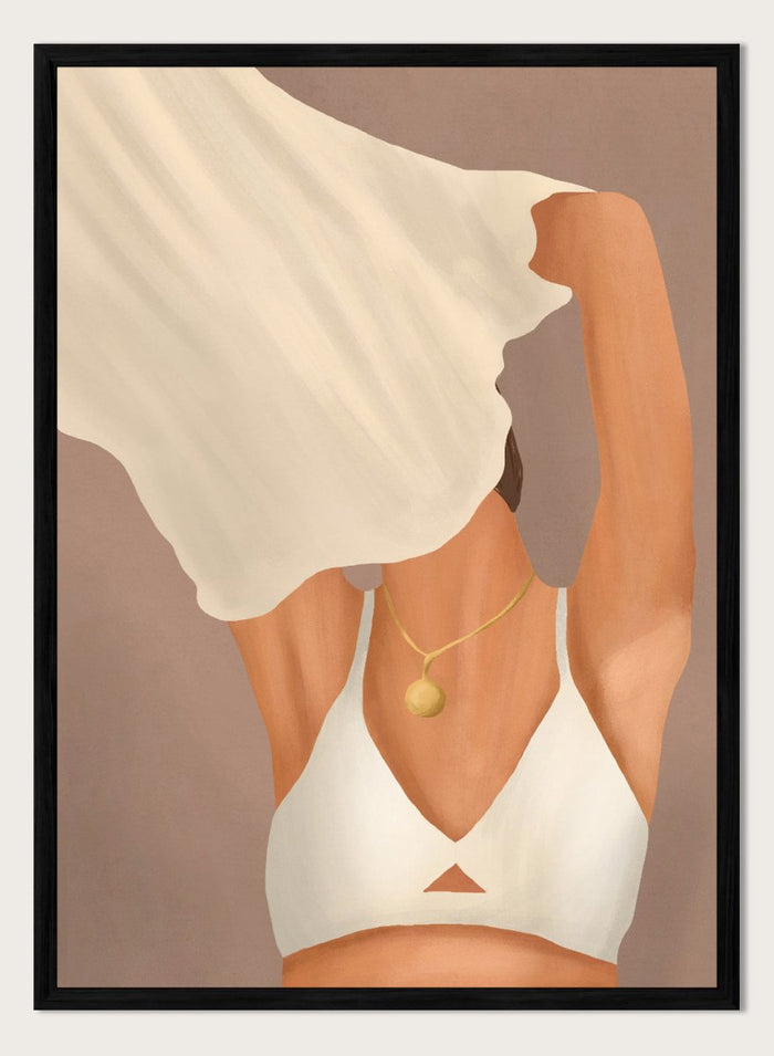Illustration of a person wearing a white garment and gold necklace on a beige background. Feminine Beauty by City Art is a minimalist figurative art print featuring a woman with flowing fabric, warm neutral tones, and modern feminine style.