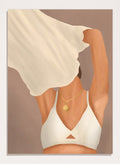 Illustration of a person wearing a white garment and gold necklace on a beige background. Feminine Beauty by City Art is a minimalist figurative art print featuring a woman with flowing fabric, warm neutral tones, and modern feminine style.