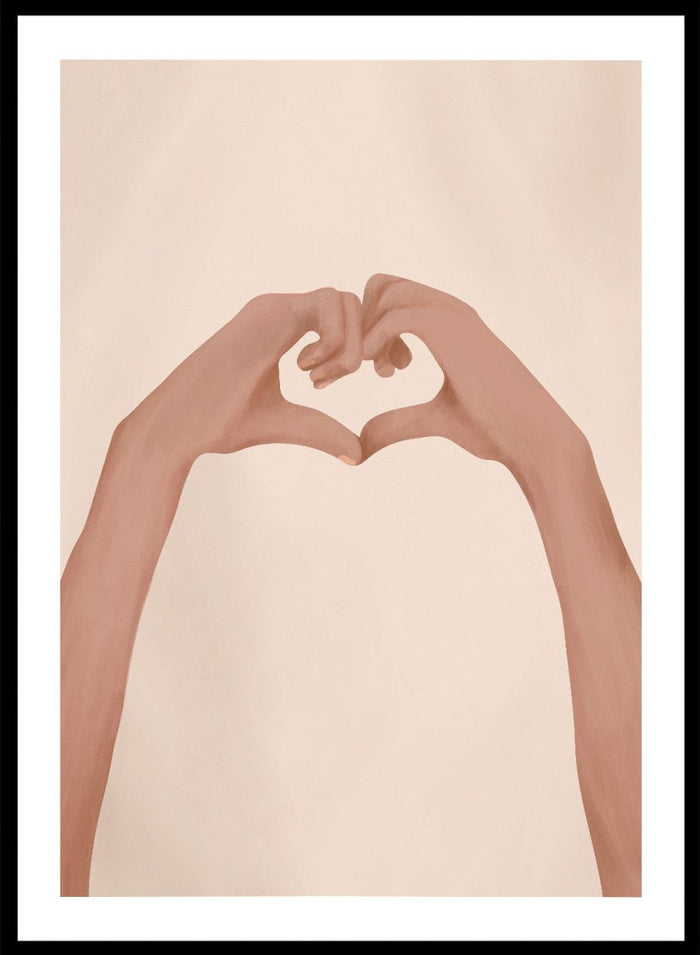 Framed artwork of hands making a heart shape on a beige background. Heartfelt Hands by City Art is a modern figurative art print featuring hands forming a heart. A love-inspired wall poster from the It’s All Love collection.
