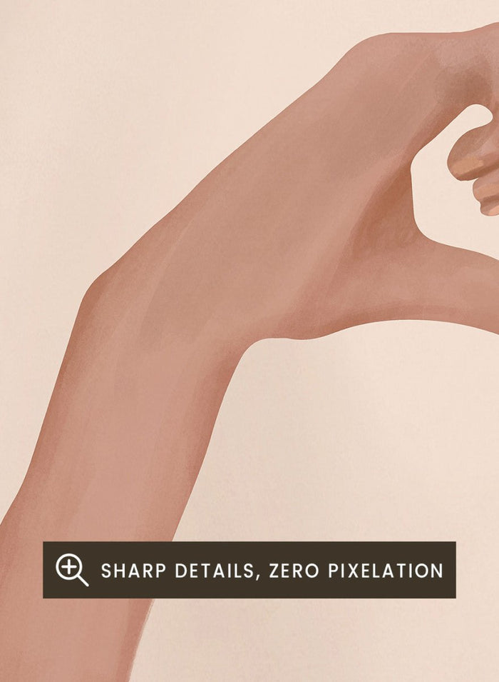 Framed artwork of hands making a heart shape on a beige background. Heartfelt Hands by City Art is a modern figurative art print featuring hands forming a heart. A love-inspired wall poster from the It’s All Love collection.