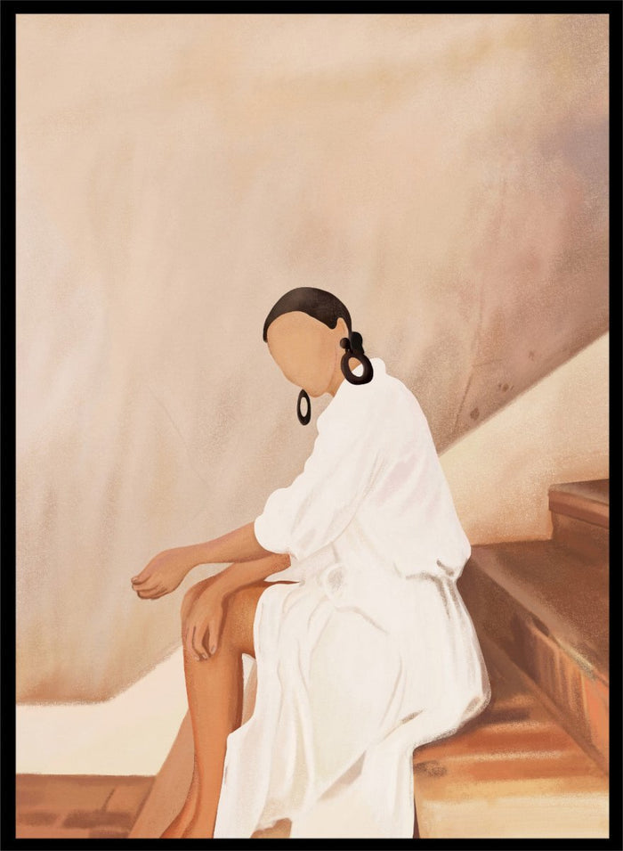 Woman in a white dress sitting on a wooden staircase with a neutral background. Modern Woman White Dress by City Art is a modern figurative art print featuring a seated woman in white, bold earrings, and warm earthy tones.