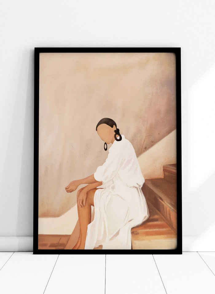 Woman in a white dress sitting on a wooden staircase with a neutral background. Modern Woman White Dress by City Art is a modern figurative art print featuring a seated woman in white, bold earrings, and warm earthy tones.