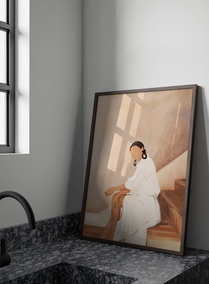 Woman in a white dress sitting on a wooden staircase with a neutral background. Modern Woman White Dress by City Art is a modern figurative art print featuring a seated woman in white, bold earrings, and warm earthy tones.