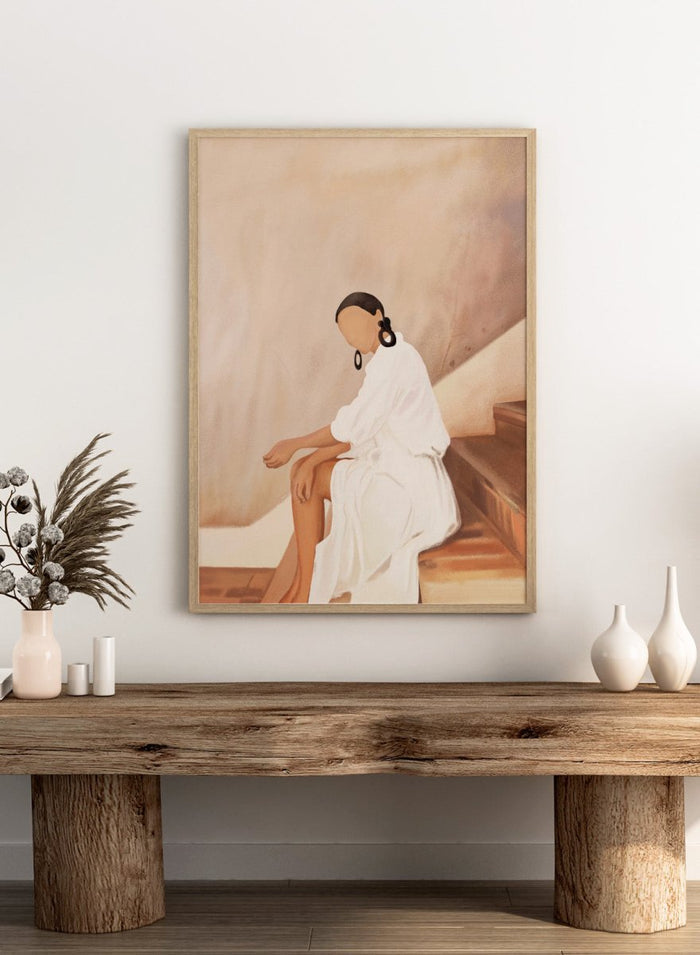 Woman in a white dress sitting on a wooden staircase with a neutral background. Modern Woman White Dress by City Art is a modern figurative art print featuring a seated woman in white, bold earrings, and warm earthy tones.