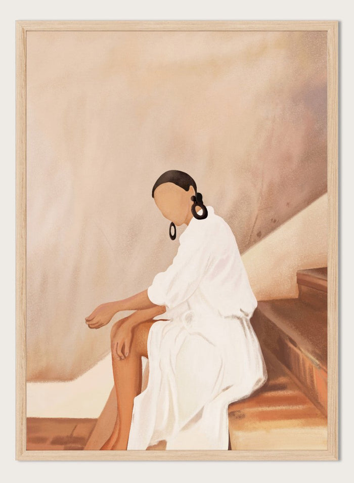 Woman in a white dress sitting on a wooden staircase with a neutral background. Modern Woman White Dress by City Art is a modern figurative art print featuring a seated woman in white, bold earrings, and warm earthy tones.