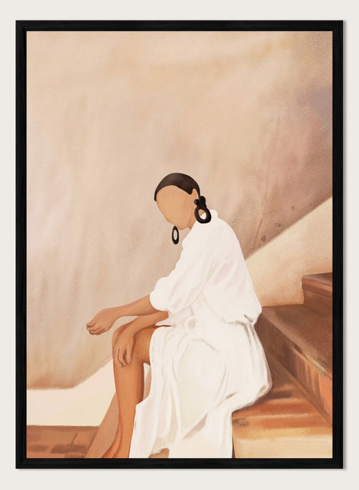 Woman in a white dress sitting on a wooden staircase with a neutral background. Modern Woman White Dress by City Art is a modern figurative art print featuring a seated woman in white, bold earrings, and warm earthy tones.