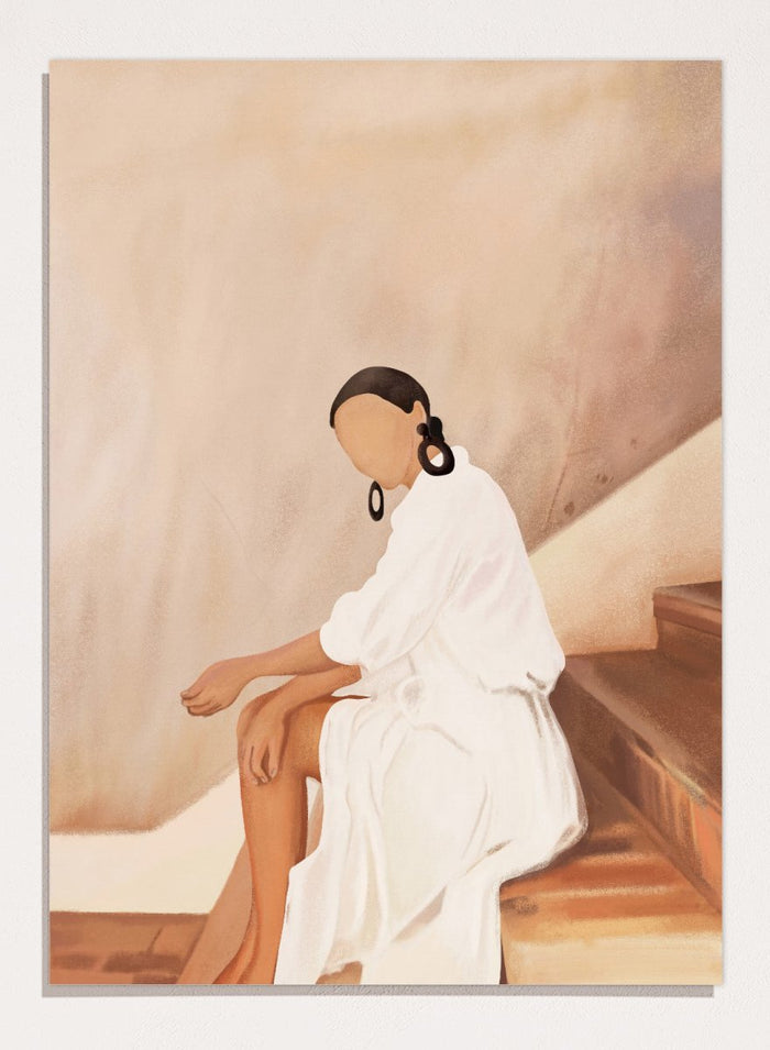 Woman in a white dress sitting on a wooden staircase with a neutral background. Modern Woman White Dress by City Art is a modern figurative art print featuring a seated woman in white, bold earrings, and warm earthy tones.