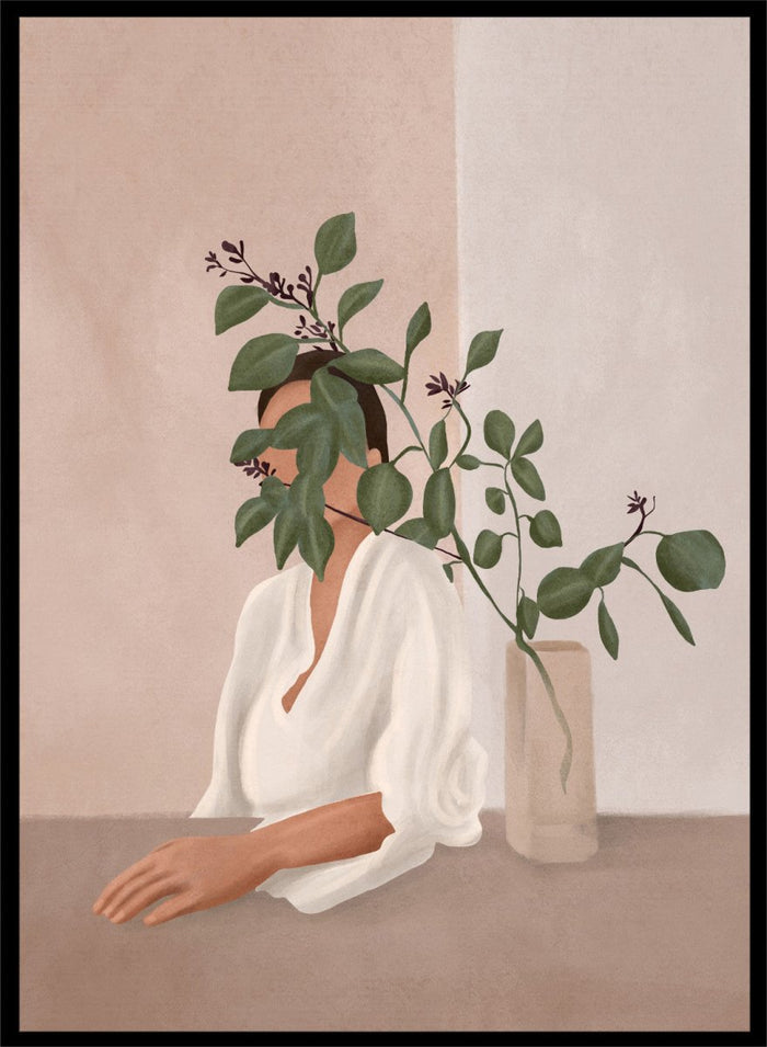 Artistic depiction of a woman with green leaves covering her face, sitting next to a vase on a table. Serene Botanical Woman by City Art features a woman surrounded by greenery, bringing soft botanical style and modern neutral wall art to your home.