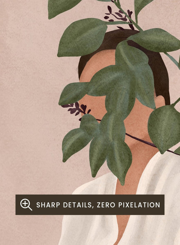 Artistic depiction of a woman with green leaves covering her face, sitting next to a vase on a table. Serene Botanical Woman by City Art features a woman surrounded by greenery, bringing soft botanical style and modern neutral wall art to your home.