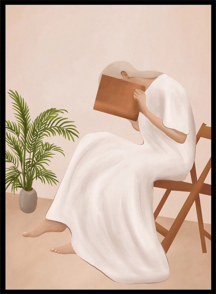 Person in a white dress holding a book, sitting on a chair with a plant nearby. Serene Woman Reading by City Art is a minimalist figurative art print featuring a woman reading in a flowing white dress with warm neutral tones and botanical details.