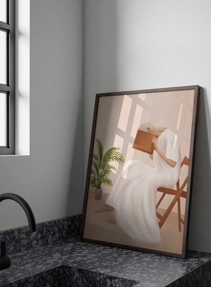 Person in a white dress holding a book, sitting on a chair with a plant nearby. Serene Woman Reading by City Art is a minimalist figurative art print featuring a woman reading in a flowing white dress with warm neutral tones and botanical details.