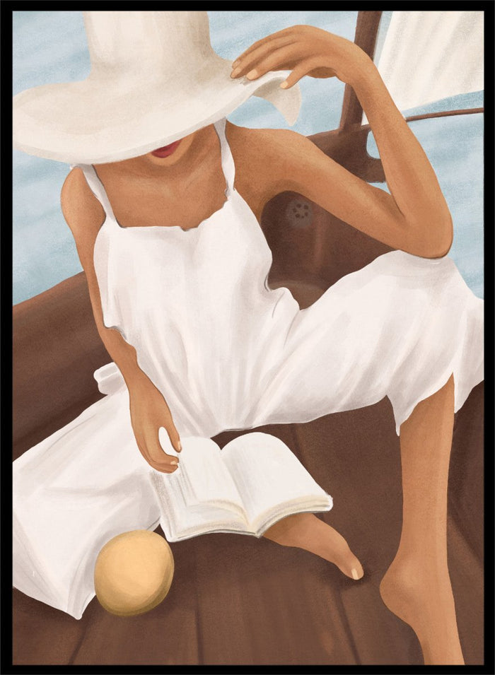 Woman in a white dress and hat reading a book on a boat. Summer Boat Reading by City Art is a modern coastal art print featuring a woman reading on a boat in a white dress, surrounded by blue water and warm wood.
