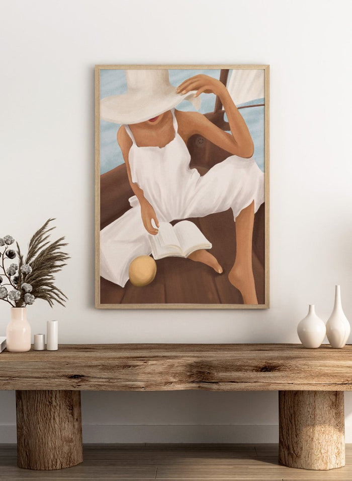 Woman in a white dress and hat reading a book on a boat. Summer Boat Reading by City Art is a modern coastal art print featuring a woman reading on a boat in a white dress, surrounded by blue water and warm wood.