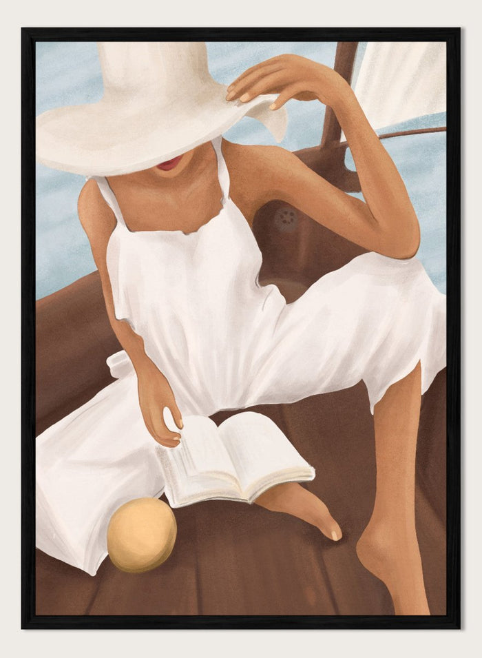 Woman in a white dress and hat reading a book on a boat. Summer Boat Reading by City Art is a modern coastal art print featuring a woman reading on a boat in a white dress, surrounded by blue water and warm wood.