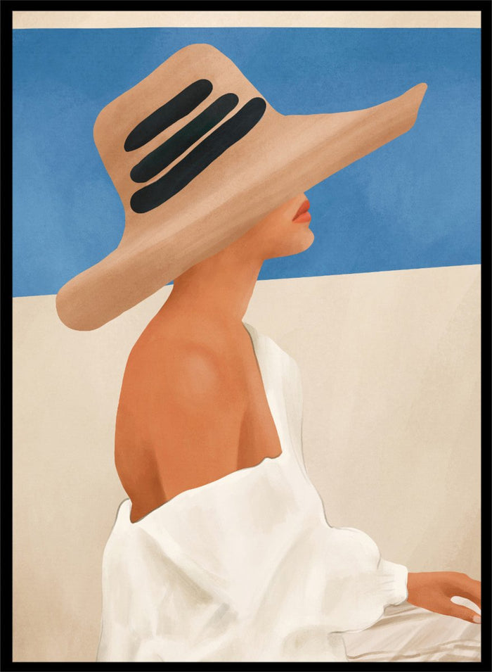 Woman wearing a large straw hat with black bands against a blue sky. Summer Hat Profile by City Art features a woman beneath a straw sun hat against a blue sky, bringing coastal style and summer-inspired portrait art into the home.