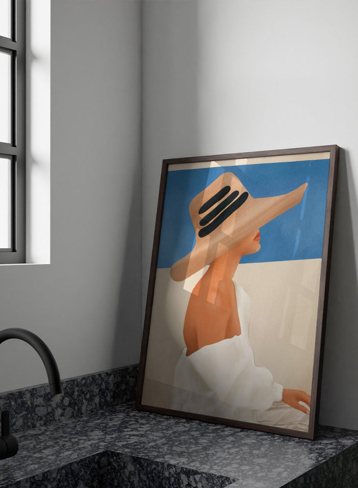 Woman wearing a large straw hat with black bands against a blue sky. Summer Hat Profile by City Art features a woman beneath a straw sun hat against a blue sky, bringing coastal style and summer-inspired portrait art into the home.