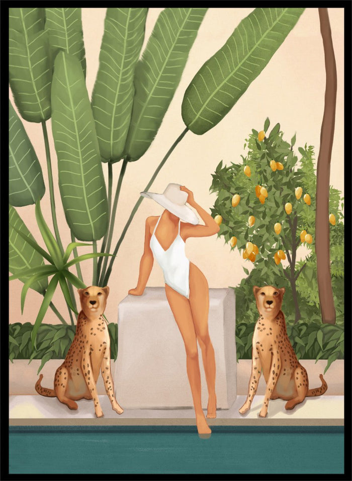 Woman in a white swimsuit standing with leopards in a tropical setting. Tropical Woman and Cheetahs by City Art is a playful tropical art print featuring a woman by the pool, cheetahs, citrus trees, and lush greenery.