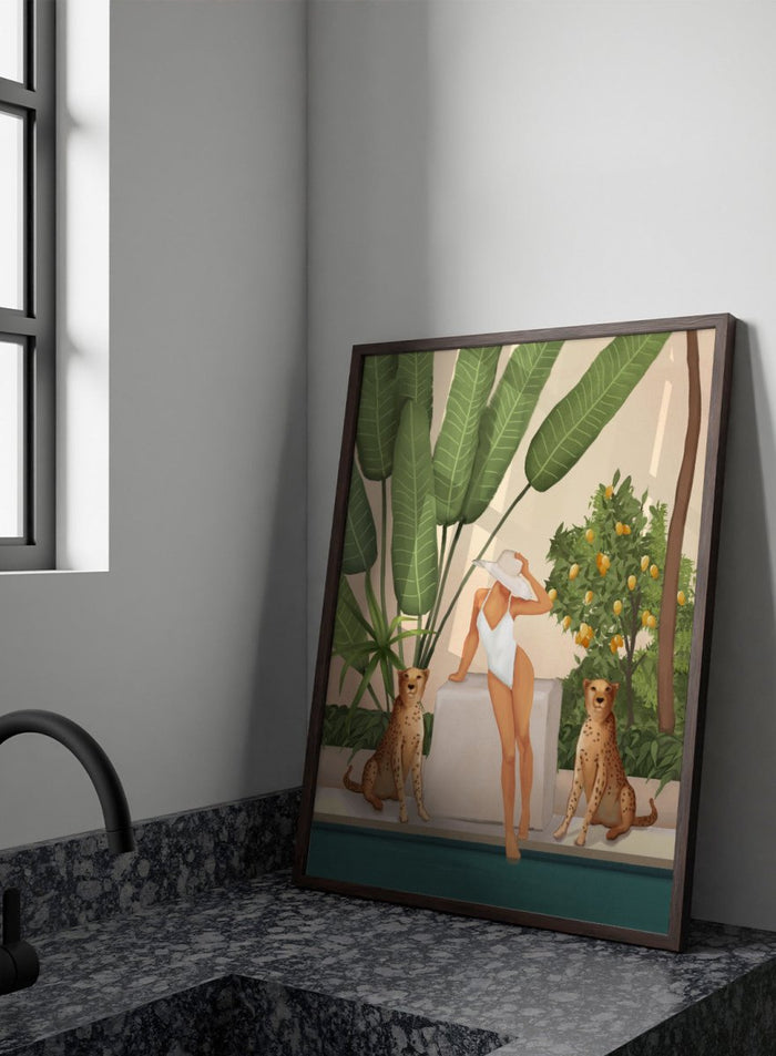 Woman in a white swimsuit standing with leopards in a tropical setting. Tropical Woman and Cheetahs by City Art is a playful tropical art print featuring a woman by the pool, cheetahs, citrus trees, and lush greenery.