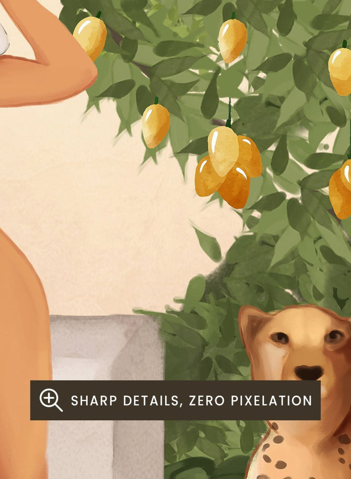 Woman in a white swimsuit standing with leopards in a tropical setting. Tropical Woman and Cheetahs by City Art is a playful tropical art print featuring a woman by the pool, cheetahs, citrus trees, and lush greenery.