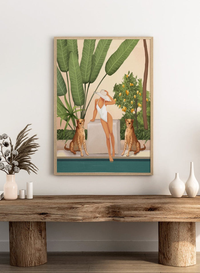 Woman in a white swimsuit standing with leopards in a tropical setting. Tropical Woman and Cheetahs by City Art is a playful tropical art print featuring a woman by the pool, cheetahs, citrus trees, and lush greenery.