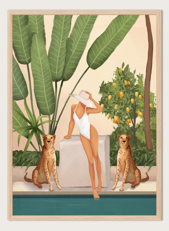 Woman in a white swimsuit standing with leopards in a tropical setting. Tropical Woman and Cheetahs by City Art is a playful tropical art print featuring a woman by the pool, cheetahs, citrus trees, and lush greenery.