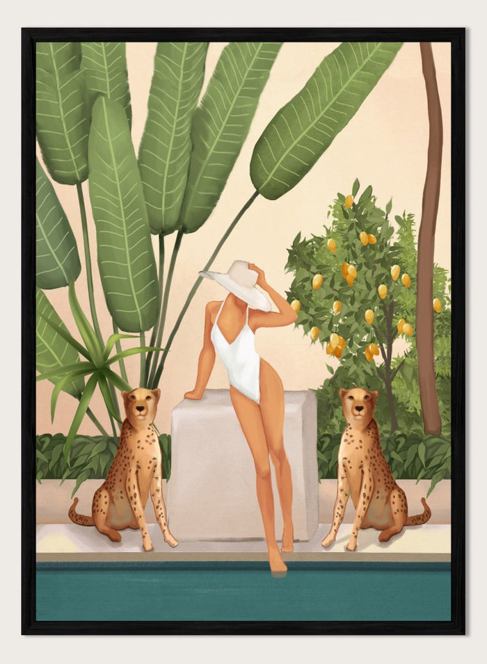 Woman in a white swimsuit standing with leopards in a tropical setting. Tropical Woman and Cheetahs by City Art is a playful tropical art print featuring a woman by the pool, cheetahs, citrus trees, and lush greenery.