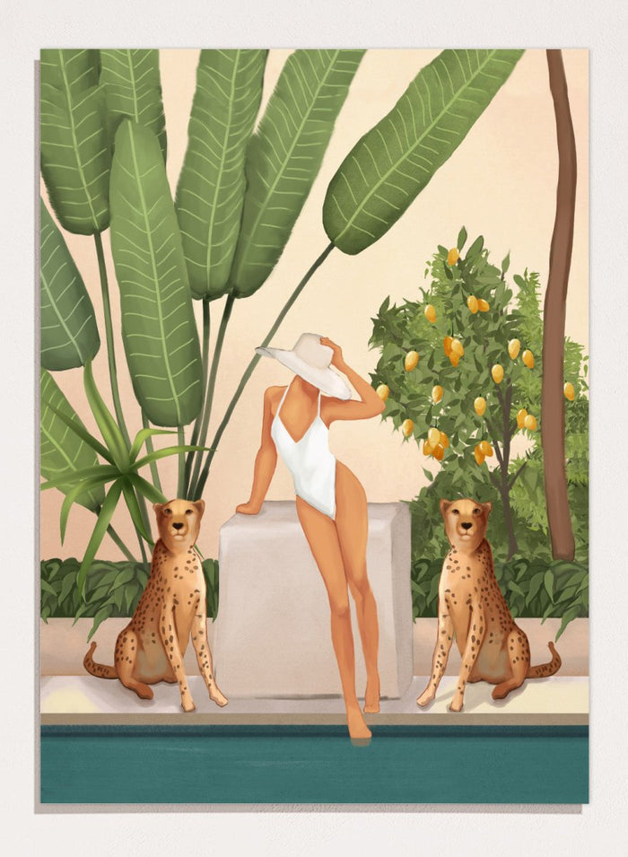 Woman in a white swimsuit standing with leopards in a tropical setting. Tropical Woman and Cheetahs by City Art is a playful tropical art print featuring a woman by the pool, cheetahs, citrus trees, and lush greenery.