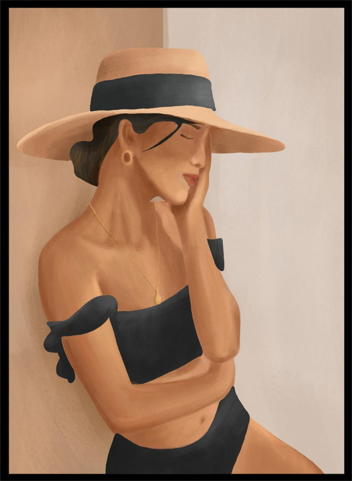 Woman wearing a wide-brimmed hat and black bikini against a neutral background. Woman In Summer Hat by City Art is a minimalist figure art print featuring a woman in a sun hat and swimsuit, perfect for modern and coastal interiors.