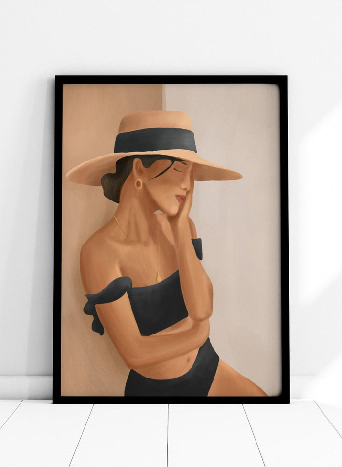 Woman wearing a wide-brimmed hat and black bikini against a neutral background. Woman In Summer Hat by City Art is a minimalist figure art print featuring a woman in a sun hat and swimsuit, perfect for modern and coastal interiors.