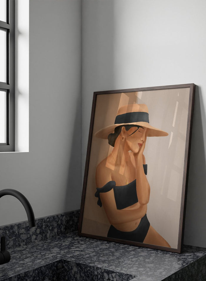 Woman wearing a wide-brimmed hat and black bikini against a neutral background. Woman In Summer Hat by City Art is a minimalist figure art print featuring a woman in a sun hat and swimsuit, perfect for modern and coastal interiors.