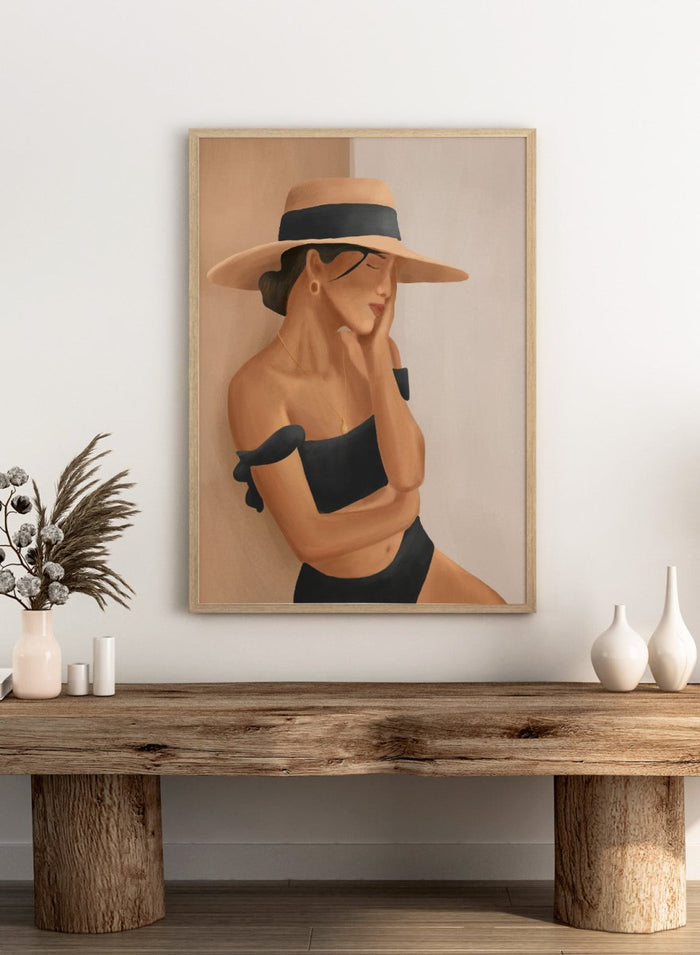 Woman wearing a wide-brimmed hat and black bikini against a neutral background. Woman In Summer Hat by City Art is a minimalist figure art print featuring a woman in a sun hat and swimsuit, perfect for modern and coastal interiors.