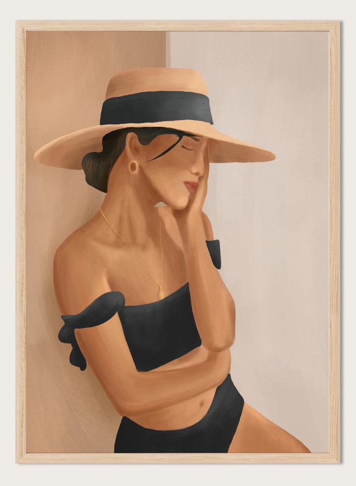 Woman wearing a wide-brimmed hat and black bikini against a neutral background. Woman In Summer Hat by City Art is a minimalist figure art print featuring a woman in a sun hat and swimsuit, perfect for modern and coastal interiors.