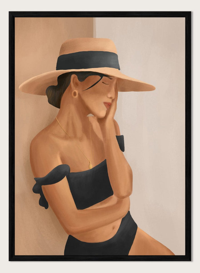 Woman wearing a wide-brimmed hat and black bikini against a neutral background. Woman In Summer Hat by City Art is a minimalist figure art print featuring a woman in a sun hat and swimsuit, perfect for modern and coastal interiors.