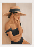 Woman wearing a wide-brimmed hat and black bikini against a neutral background. Woman In Summer Hat by City Art is a minimalist figure art print featuring a woman in a sun hat and swimsuit, perfect for modern and coastal interiors.