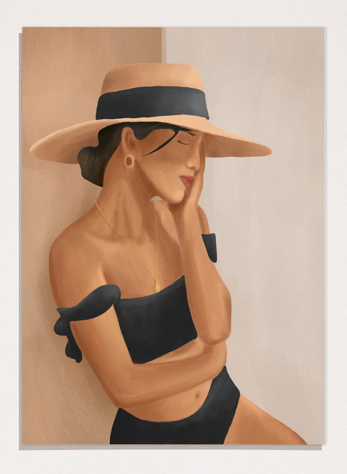 Woman wearing a wide-brimmed hat and black bikini against a neutral background. Woman In Summer Hat by City Art is a minimalist figure art print featuring a woman in a sun hat and swimsuit, perfect for modern and coastal interiors.