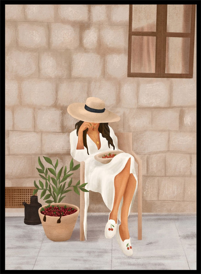 Illustration of a woman sitting on a chair with a plant and bowl of fruit in a stone-walled room. Woman with Cherries on Patio by City Art is a modern summer art print featuring a woman in white, fresh cherries, a sun hat, and warm patio style.