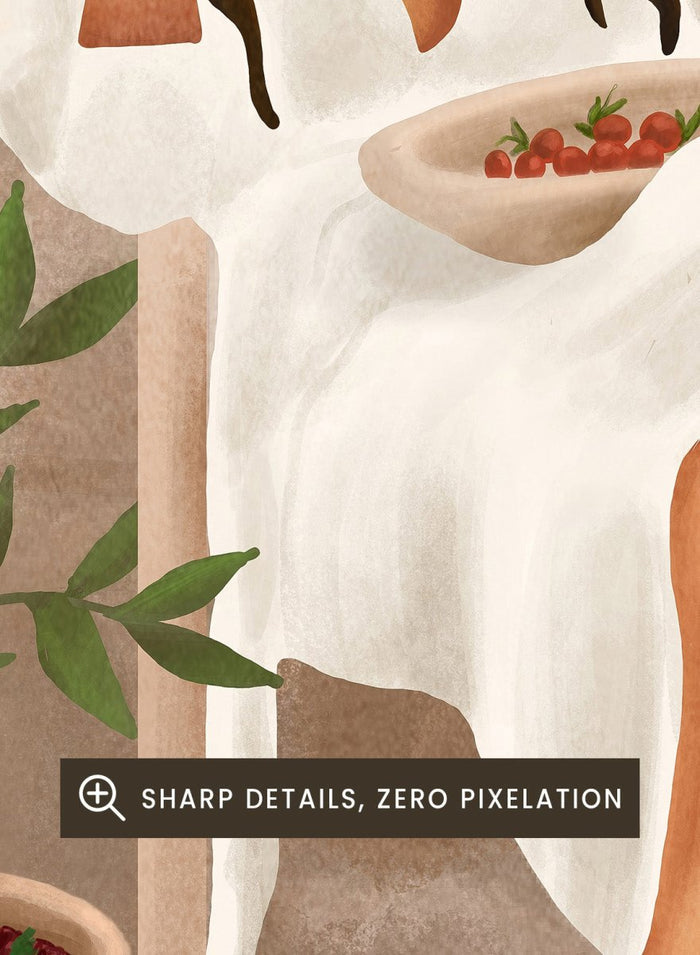 Illustration of a woman sitting on a chair with a plant and bowl of fruit in a stone-walled room. Woman with Cherries on Patio by City Art is a modern summer art print featuring a woman in white, fresh cherries, a sun hat, and warm patio style.