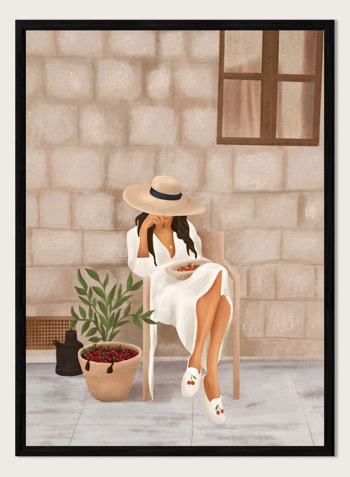 Illustration of a woman sitting on a chair with a plant and bowl of fruit in a stone-walled room. Woman with Cherries on Patio by City Art is a modern summer art print featuring a woman in white, fresh cherries, a sun hat, and warm patio style.