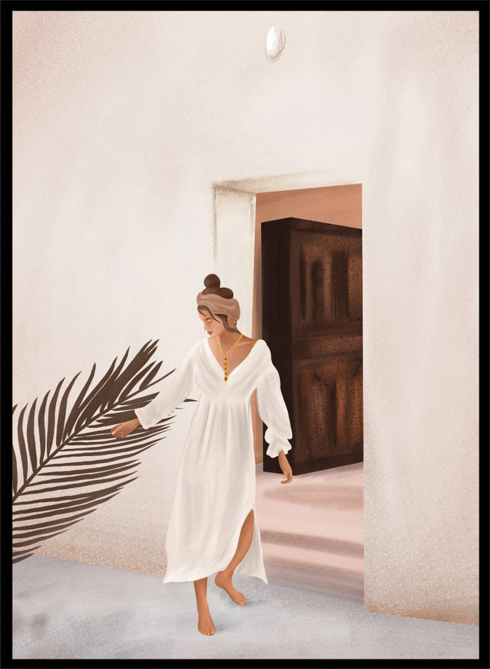 Woman in a white dress standing in a doorway with a palm leaf in the foreground. Woman With Palm Leaf by City Art is a modern figurative art print featuring a woman in a white dress, tropical greenery, warm neutrals, and Mediterranean style.