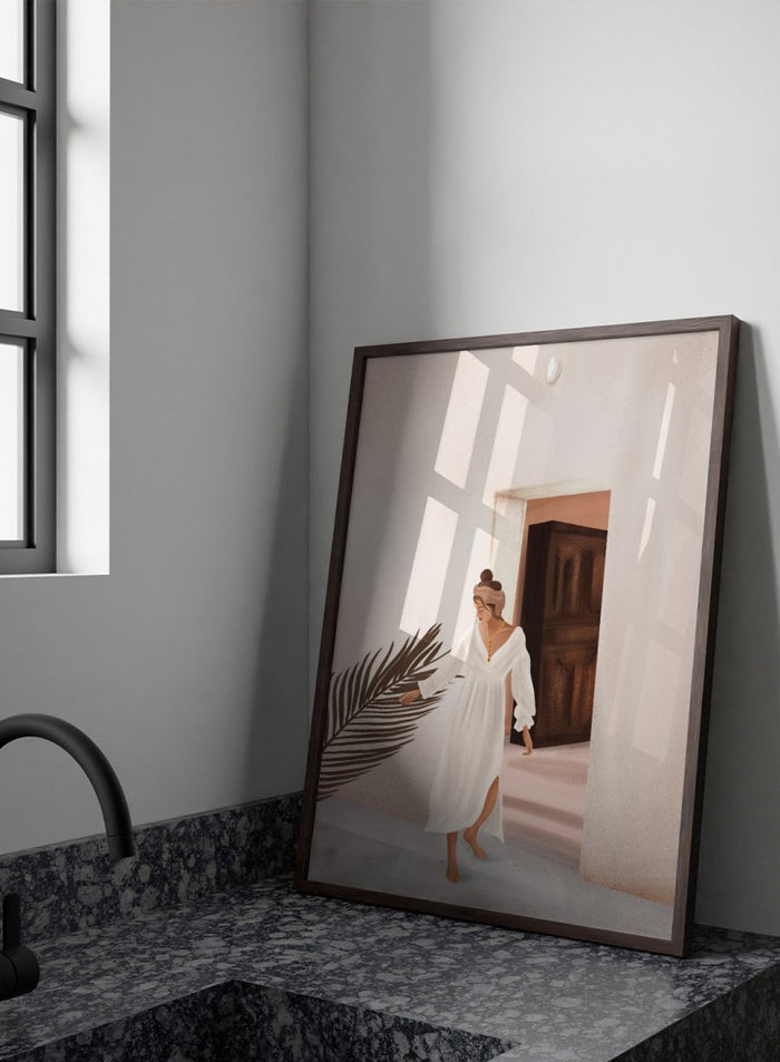 Woman in a white dress standing in a doorway with a palm leaf in the foreground. Woman With Palm Leaf by City Art is a modern figurative art print featuring a woman in a white dress, tropical greenery, warm neutrals, and Mediterranean style.