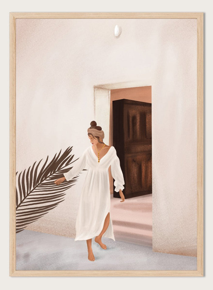 Woman in a white dress standing in a doorway with a palm leaf in the foreground. Woman With Palm Leaf by City Art is a modern figurative art print featuring a woman in a white dress, tropical greenery, warm neutrals, and Mediterranean style.