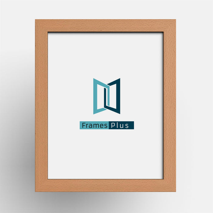 Beech picture frames showcasing the Frames Plus logo in a sleek design, perfect for enhancing your decor.