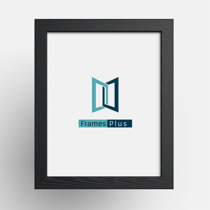 Black picture frame for photos and posters featuring the Frames Plus logo.