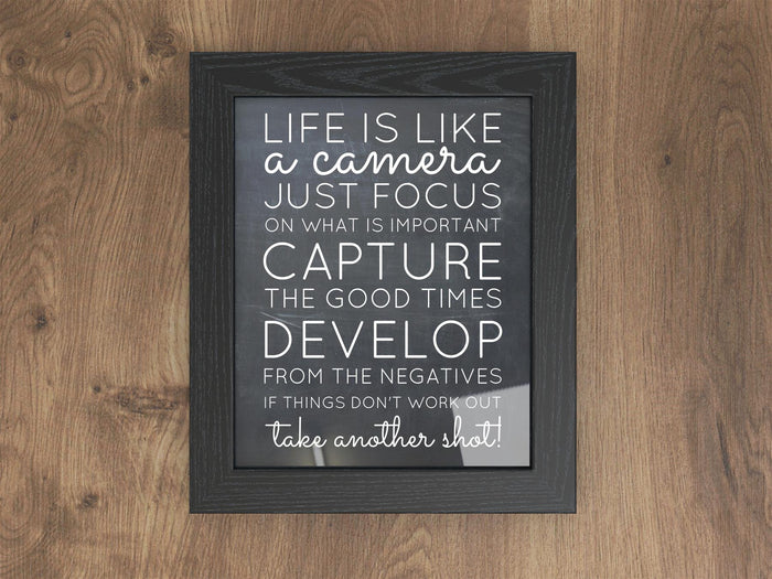 Black picture frame for photos and posters featuring inspirational quotes about life and photography.