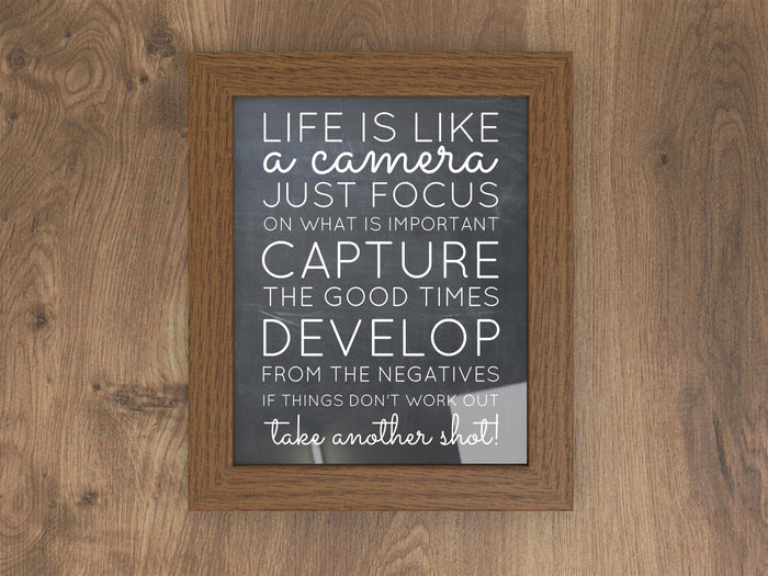 Inspiration in a dark brown picture frame, featuring text about life and photography.