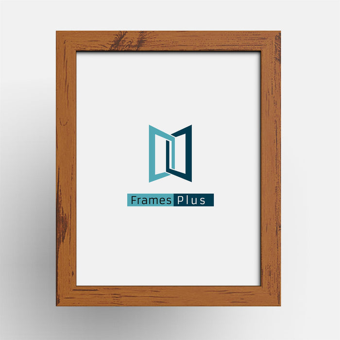 Dark teak picture frame showcasing the Frames Plus logo on a clean background.