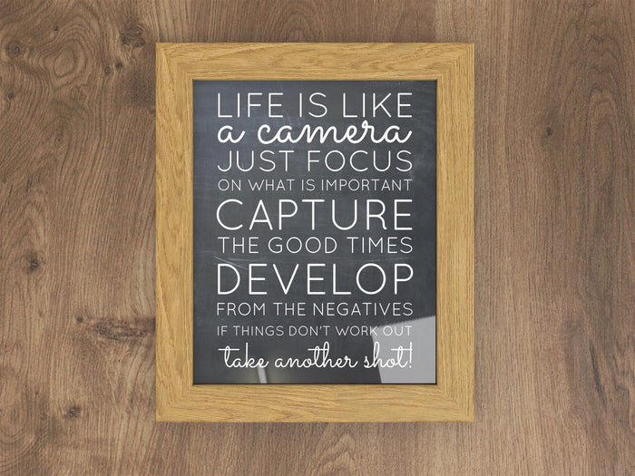 Motivational quote in oak picture frame classic range on wooden background.