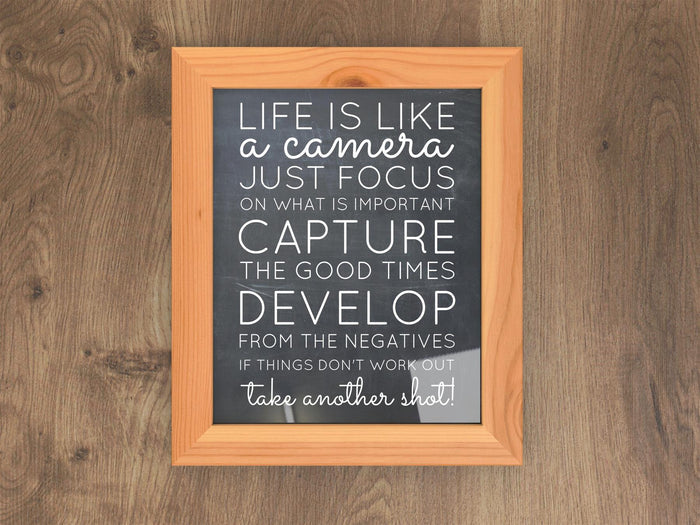 Classic pine picture frame displaying an inspiring quote about life and photography.